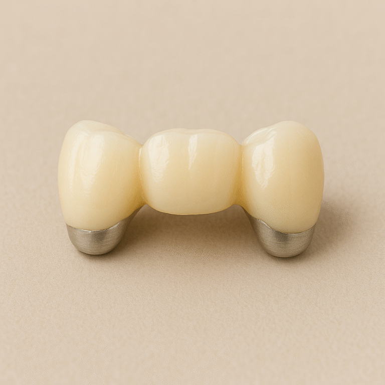 A crown bridge is a fixed dental restoration that replaces one or more missing teeth by anchoring artificial teeth (pontics) to crowns placed on the adjacent natural teeth or implants.