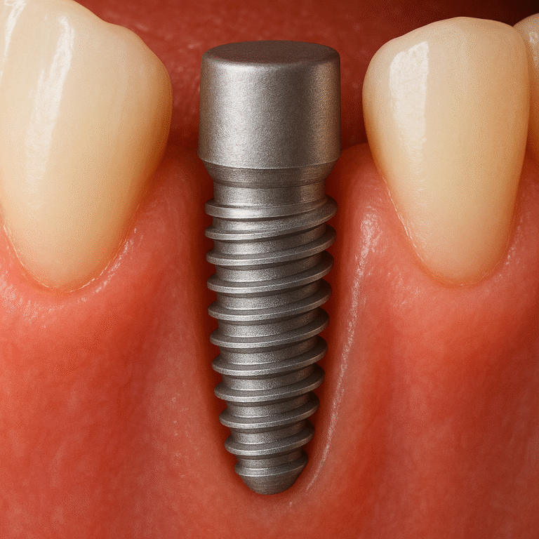 A dental implant is a titanium post surgically placed into the jawbone to replace a missing tooth root, providing a stable foundation for a crown, bridge, or denture.