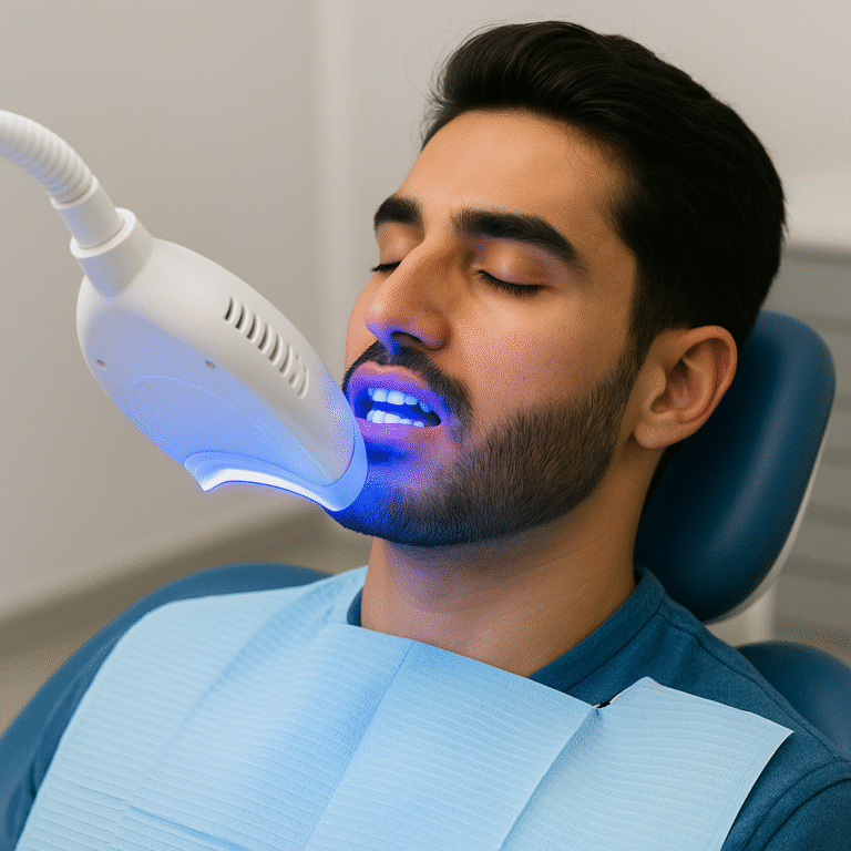 Dental bleaching is a cosmetic procedure that lightens and whitens teeth using bleaching agents like hydrogen peroxide or carbamide peroxide, often activated with light or heat, to remove stains and discoloration.
